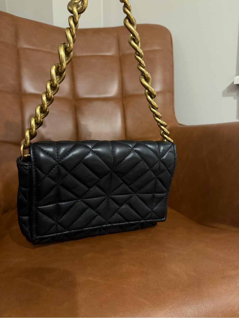 Zara Black Quilted Shoulder Bag with Gold Chain Strap